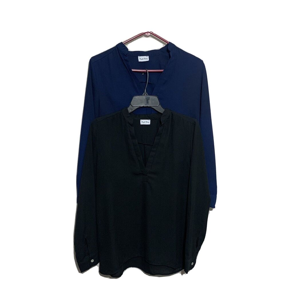 Brigitte Bailey Lot of 2 V-Neck Blouse Black Navy Blue Top Shirt Sz Small Sheer